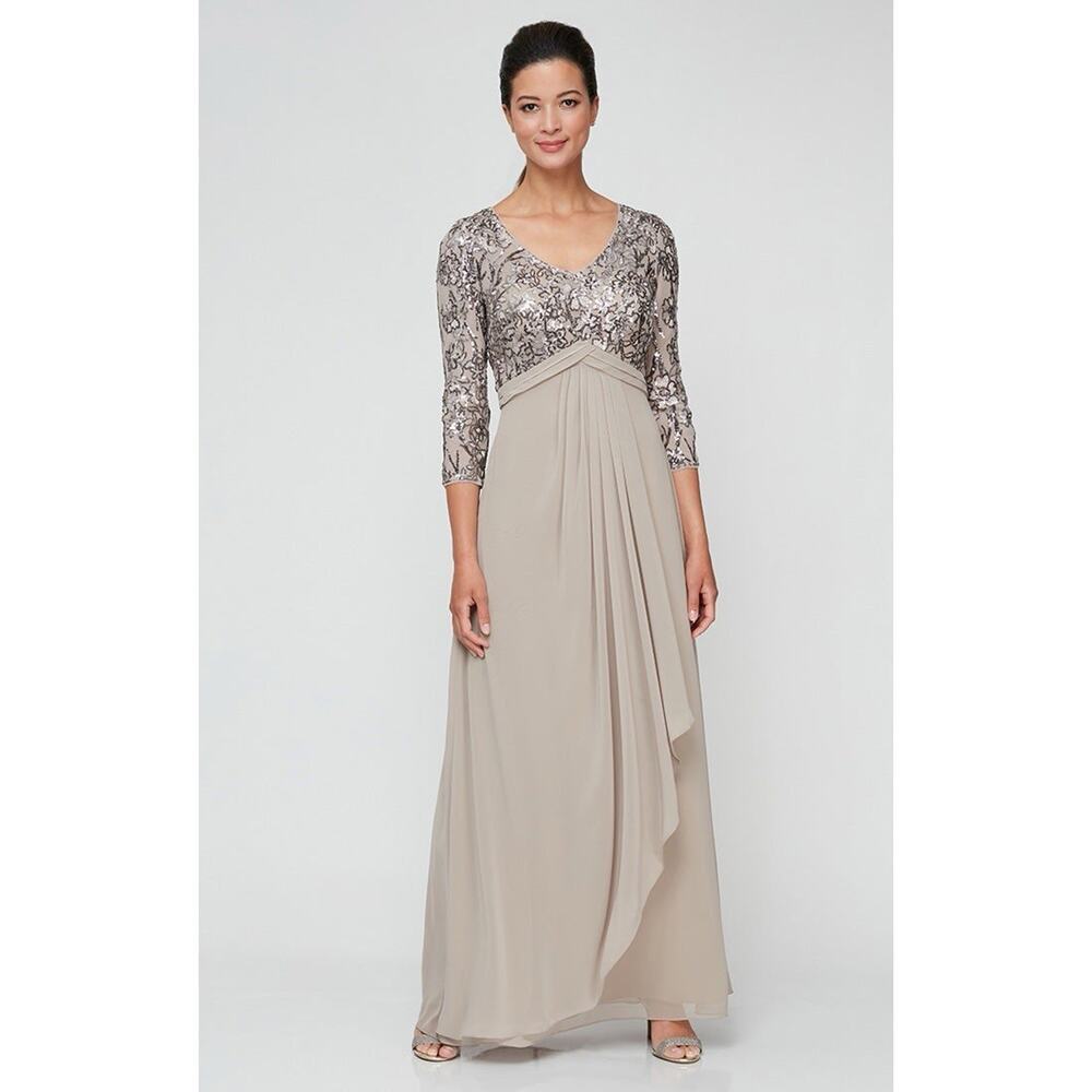 Alex Evenings V-Neck Sequin Lace Chiffon Formal Gown 14P Champagne Mink Wedding